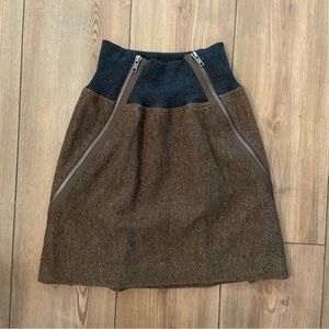 Theory Wool Mini Skirt Brown Zipper Front Detail